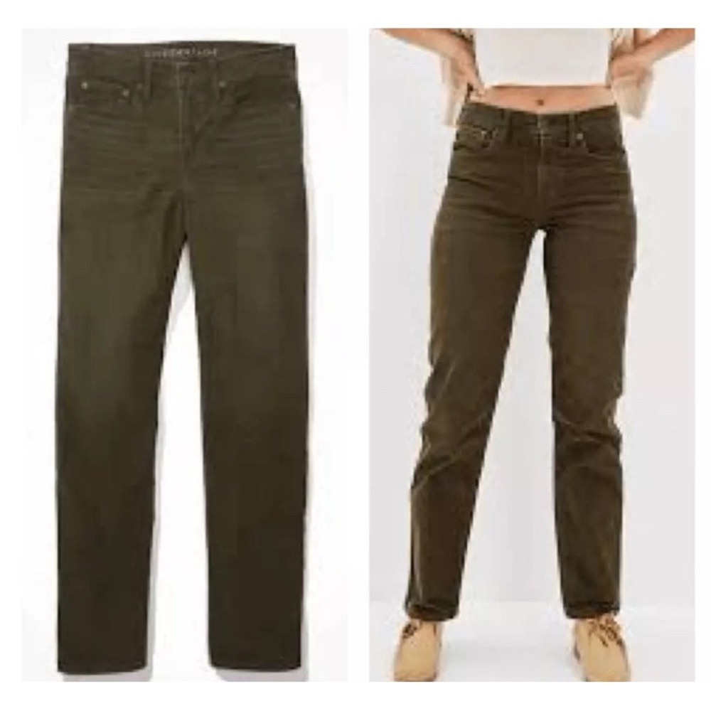 American Eagle Mom Straight Corduroy Pants Olive Green High Rise Stretch Size 2